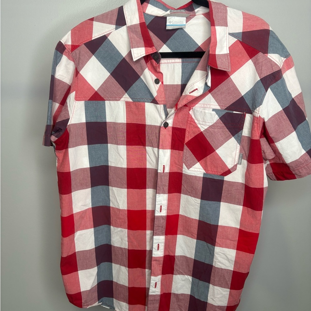 Columbia Red and Gray Plaid Button-Down Shirt